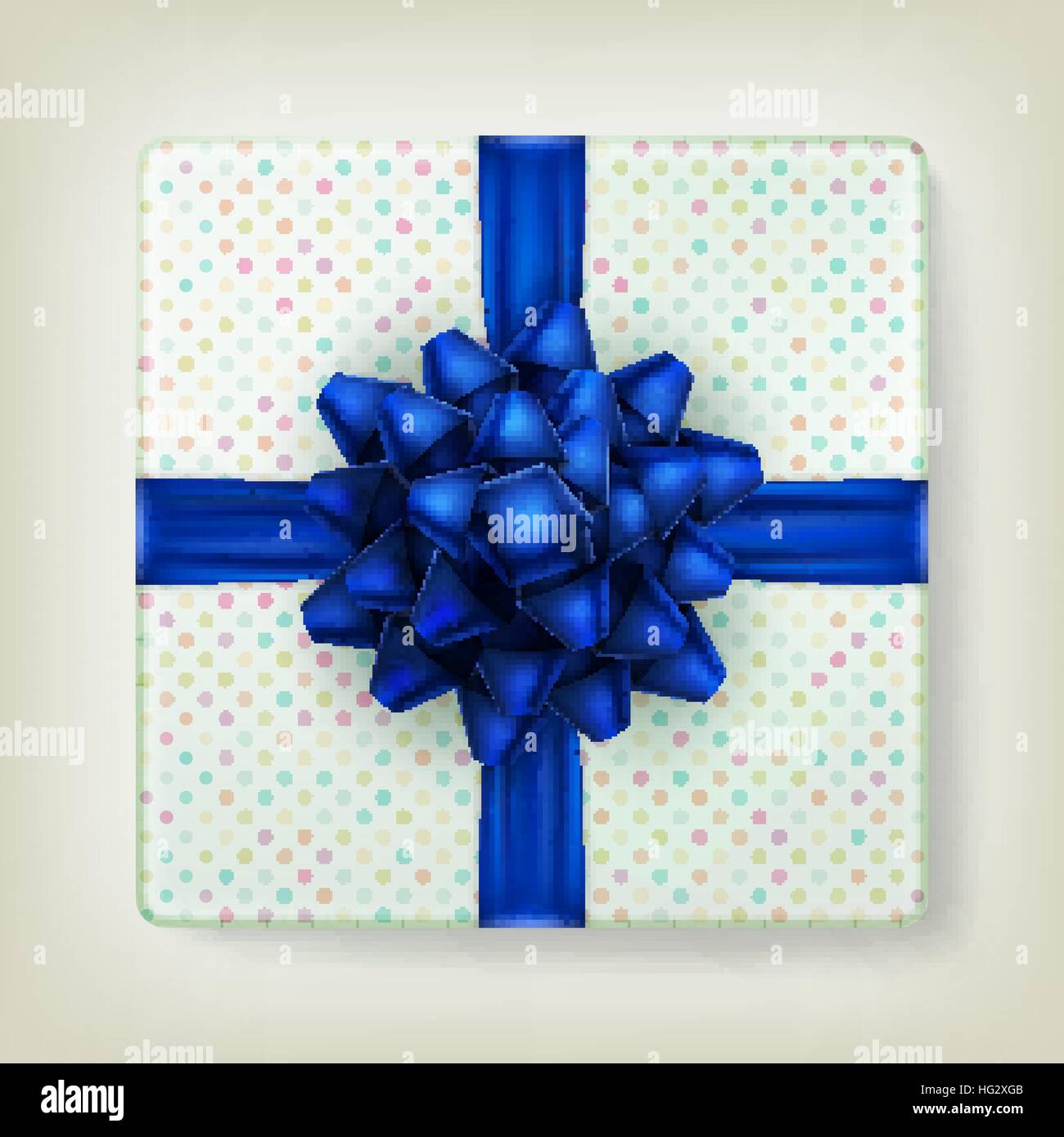 Blue Ribbon di prua sulla polka dot box carta. EPS 10 Illustrazione Vettoriale