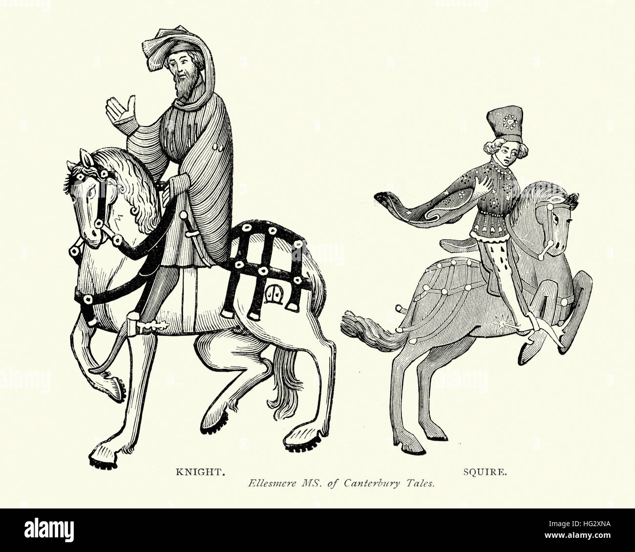 I caratteri da Geoffrey Chaucer, Canterbury Tales, cavaliere e lo scudiero Foto Stock