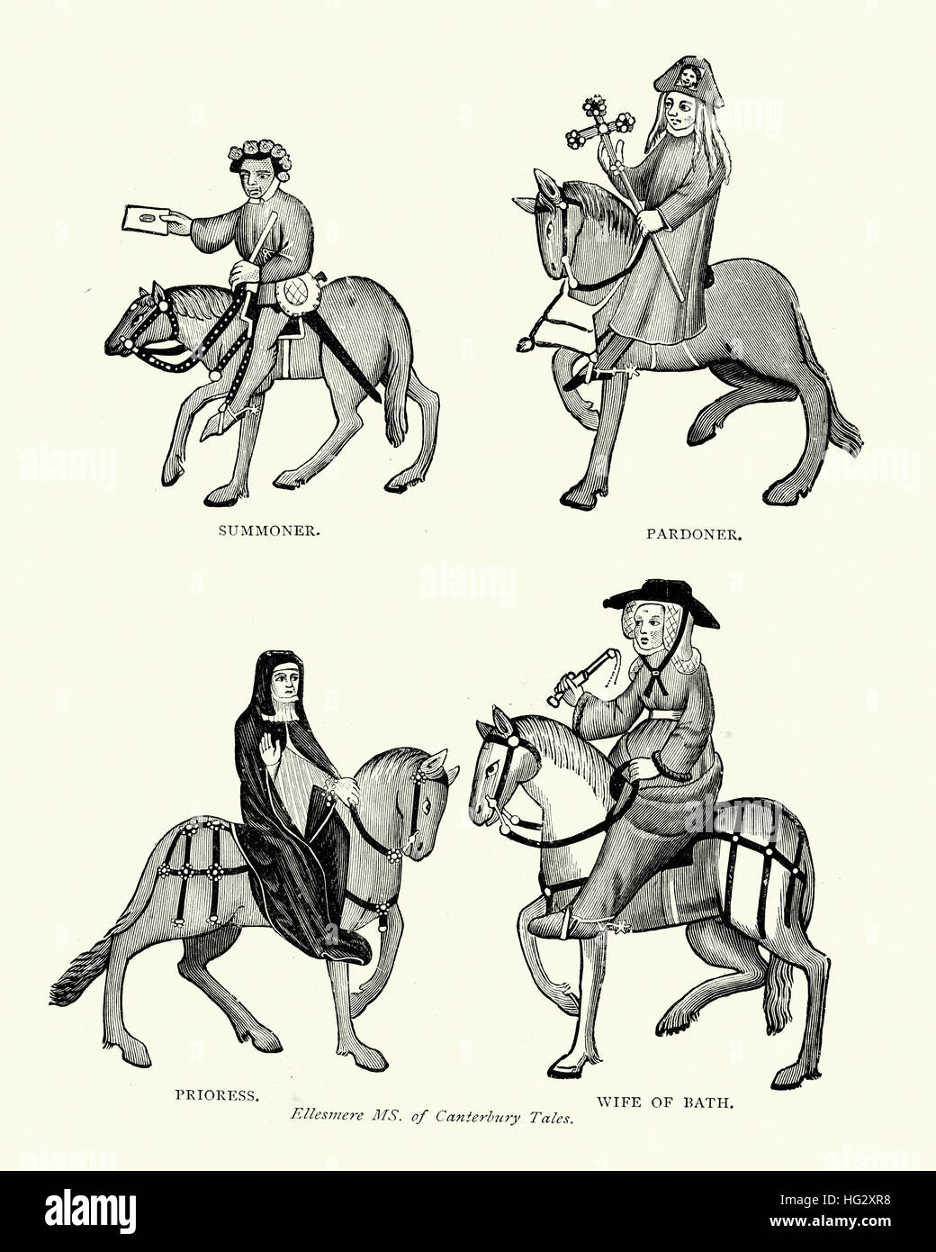 I caratteri da Geoffrey Chaucer, Canterbury Tales, Summoner, Pardoner, Priora e moglie di Bath Foto Stock