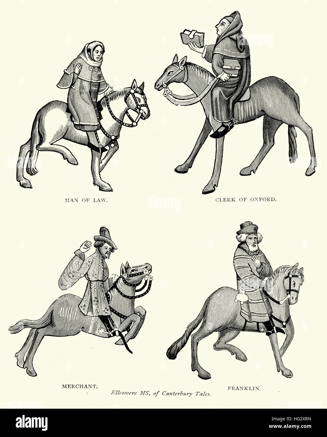 I caratteri da Geoffrey Chaucer, Canterbury Tales, avvocato, Cancelliere di Oxford, mercante e Franklin Foto Stock