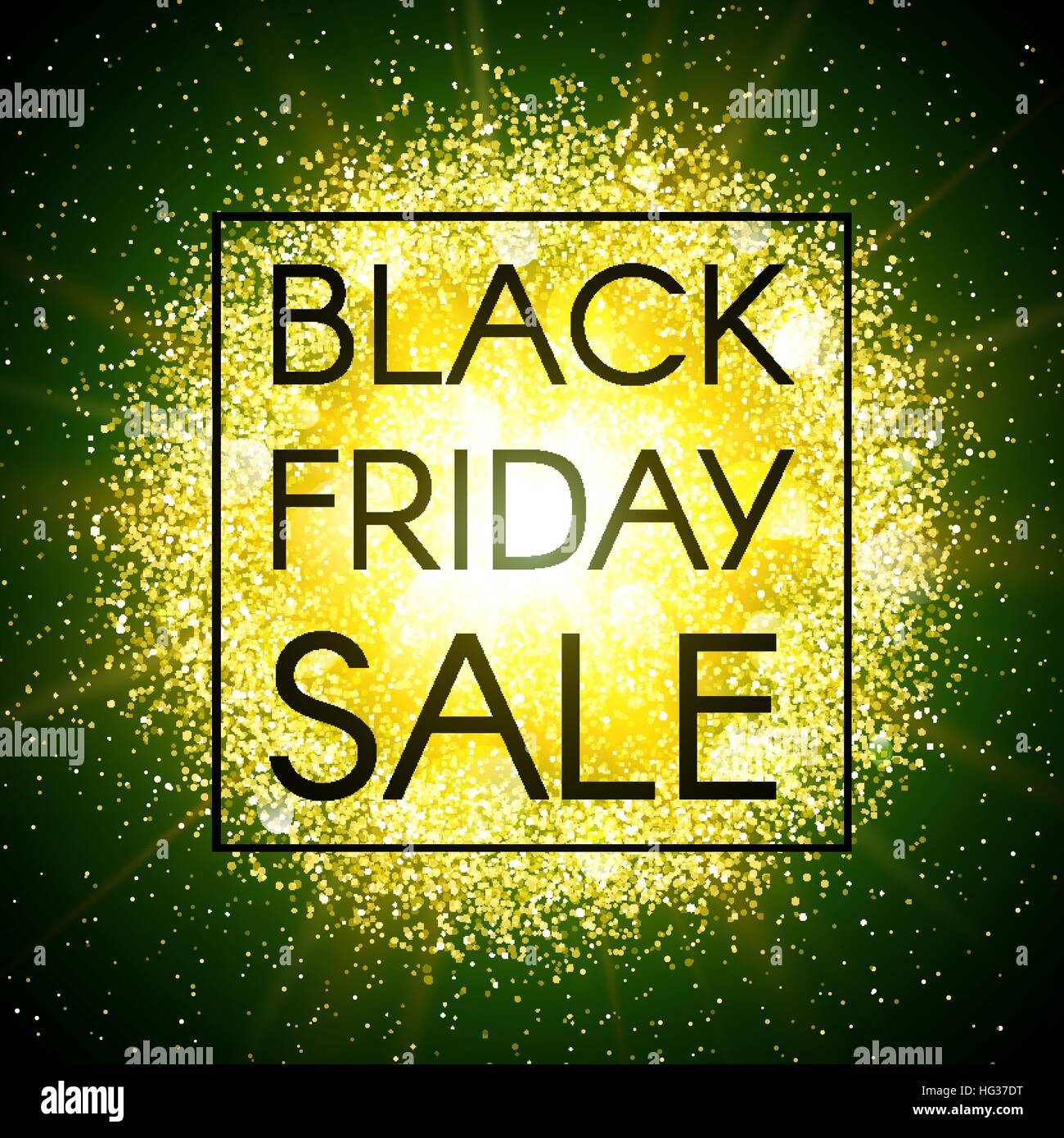 Venerdì nero vendita banner su abstract esplosione sfondo con oro scintillante elementi. Raffica di stella brillante. La polvere fuochi d'artificio di luce con effetto bagliore verde. Illustrazione Vettoriale. Illustrazione Vettoriale
