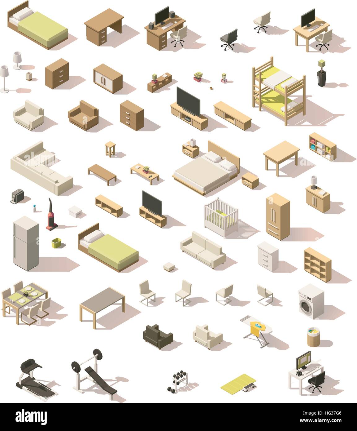 Vettore bassa isometrica poli arredamento domestico impostare Illustrazione Vettoriale