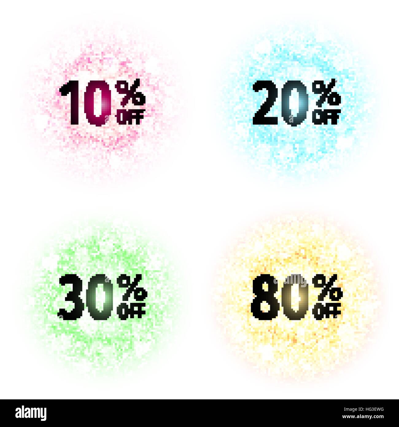 Banner di sconto su abstract round nuvole di polvere con particelle di polvere isolata su sfondo bianco. 10, 20, 30, 80 percento di sconto sopra i cerchi colorati con preriscaldo e bokeh effetto. Illustrazione Vettoriale Illustrazione Vettoriale