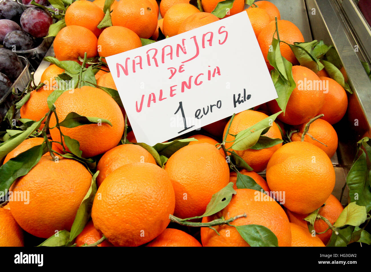 Valencia arance visualizzato nel mercato centrale. Spagna Foto Stock