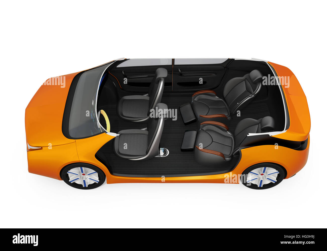 Auto-guida auto immagine in sezione. Gli sportelli sulla sinistra aperta e sedili anteriori ruotata all'indietro, sedili posteriori con massaggio funcction. Foto Stock
