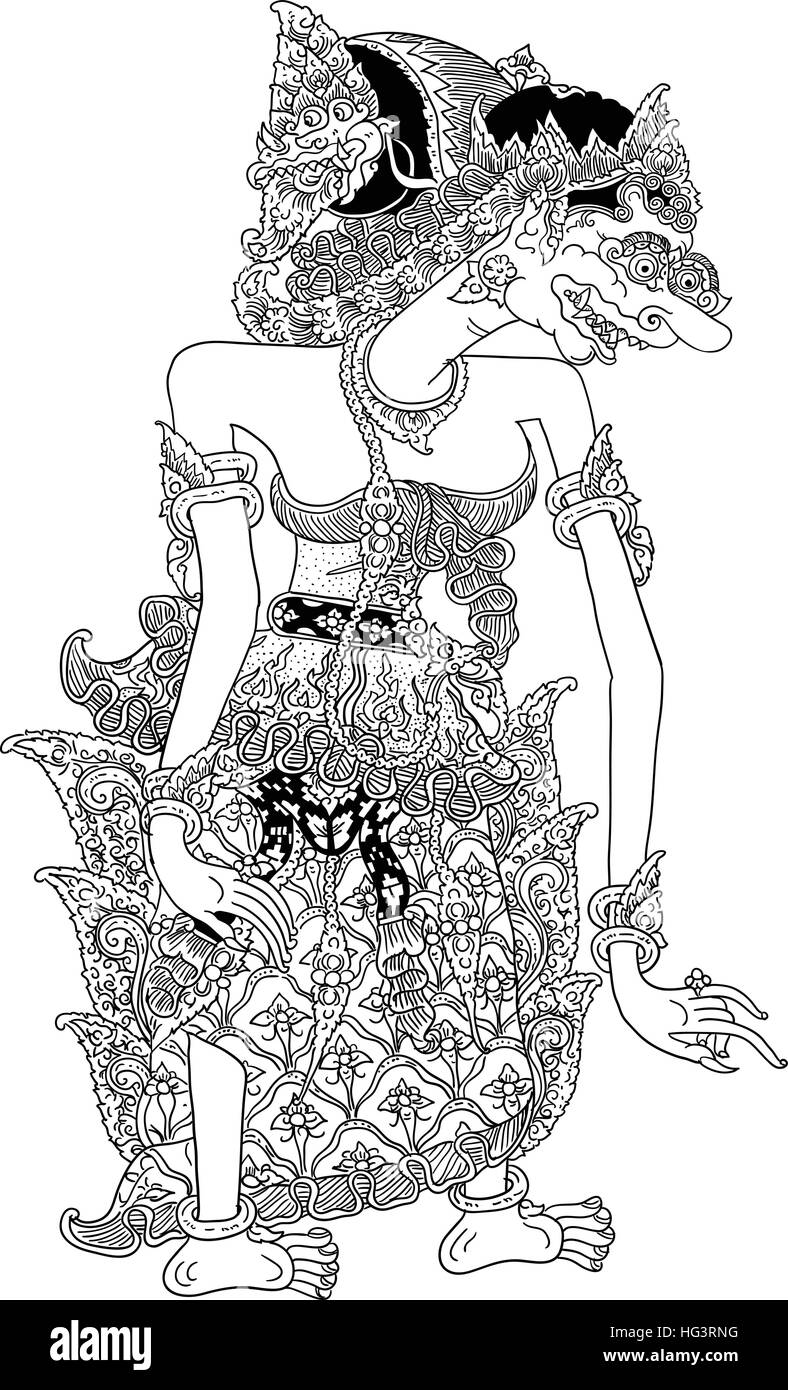 Batari Durga, un carattere di tradizionale spettacolo di marionette, Wayang Kulit da java indonesia. Illustrazione Vettoriale