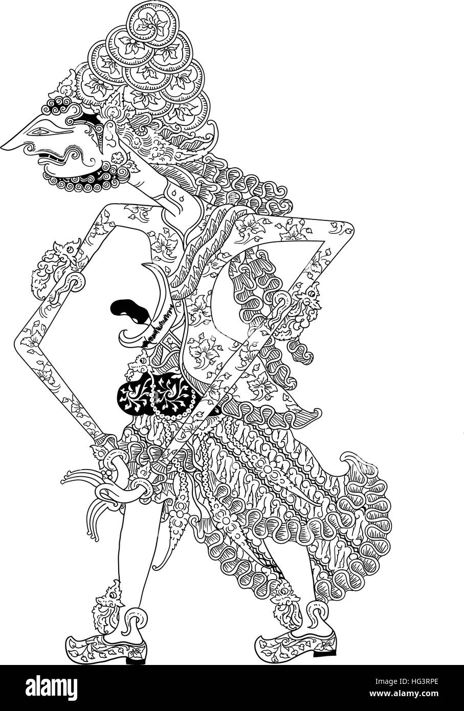 Batara Panyarikan, un carattere di tradizionale spettacolo di marionette, Wayang Kulit da java indonesia. Illustrazione Vettoriale