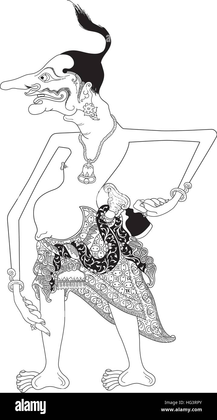 Petruk, un carattere di tradizionale spettacolo di marionette, Wayang Kulit da java indonesia. Illustrazione Vettoriale