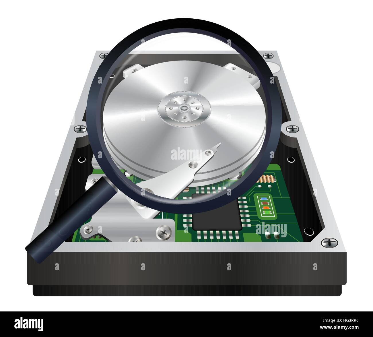 All'interno del disco rigido interno con una lente di ingrandimento la scansione Illustrazione Vettoriale