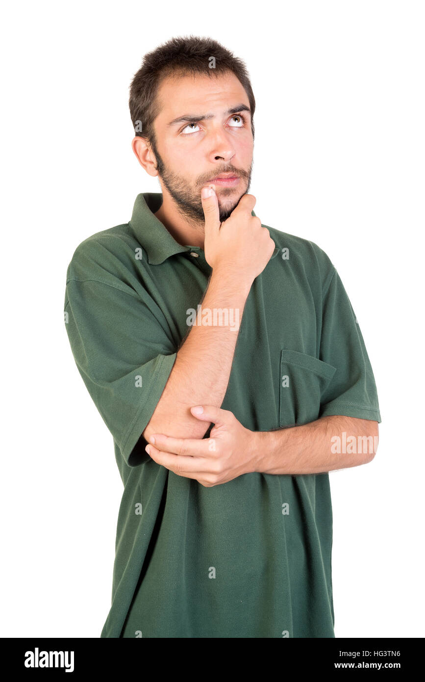 Giovane uomo pensando isolato in uno sfondo bianco Foto Stock