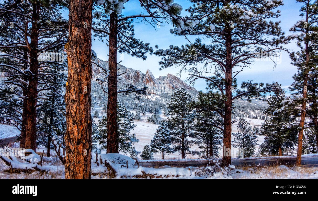 Colorado di Boulder Flatirons dopo la nevicata. Foto Stock