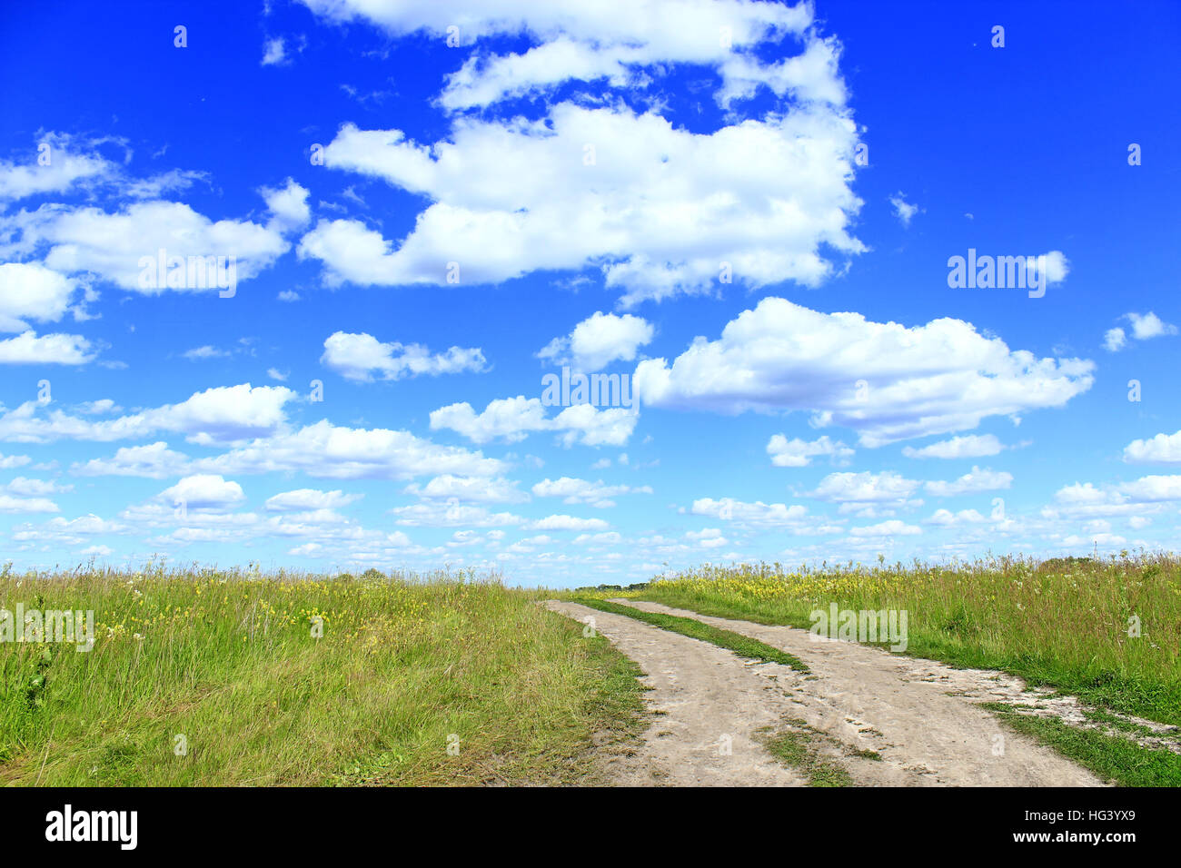 Bella estate paesaggio con il campo Paese su strada e le nuvole. Nuvole di Nizza erba verde e strada di campagna Foto Stock