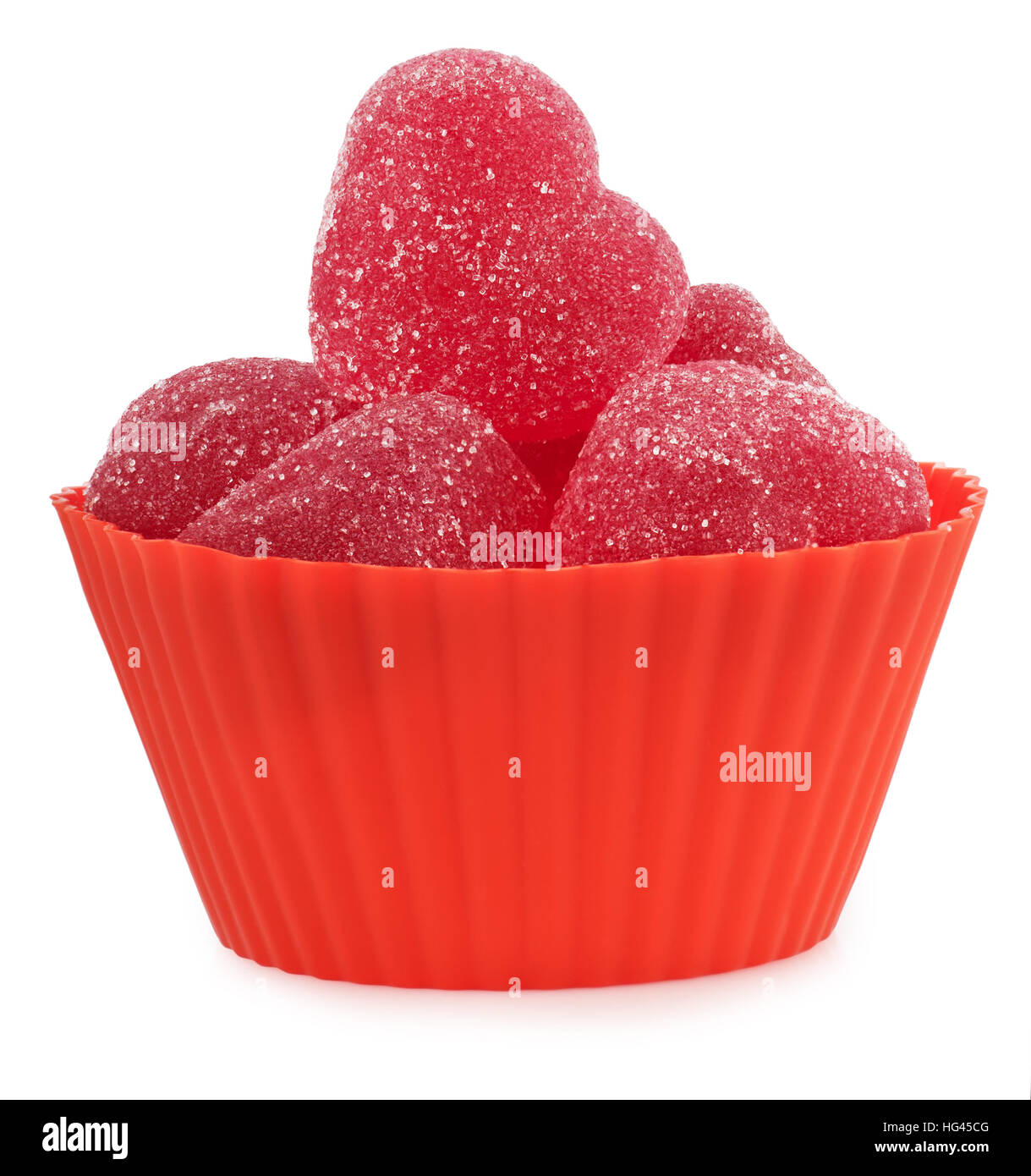 Gelatina di rosso candy cuori nel contenitore di silicone isolati su sfondo bianco Foto Stock