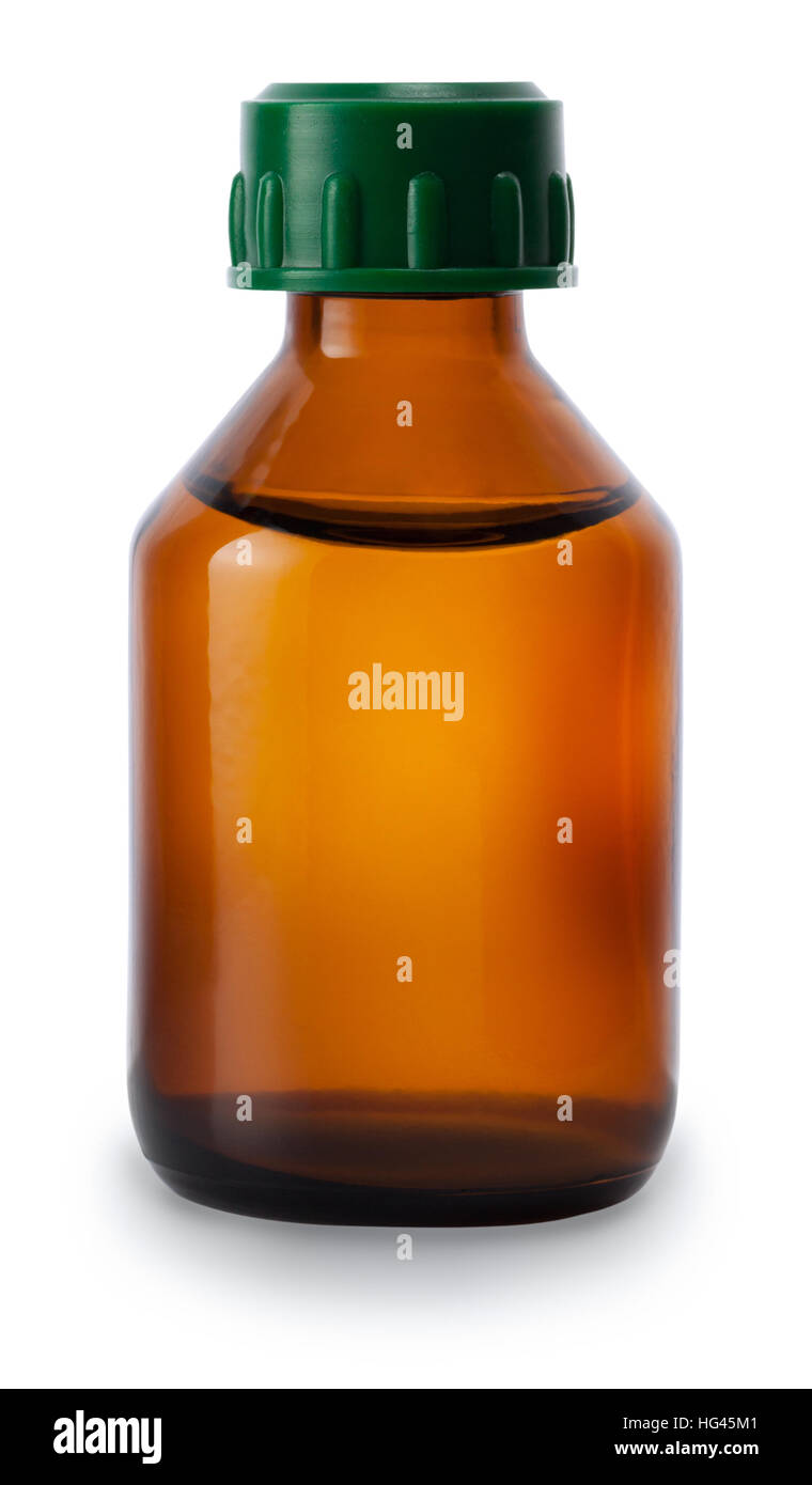 Medicina una bottiglia di vetro marrone con liquido senza etichetta isolati su sfondo bianco Foto Stock