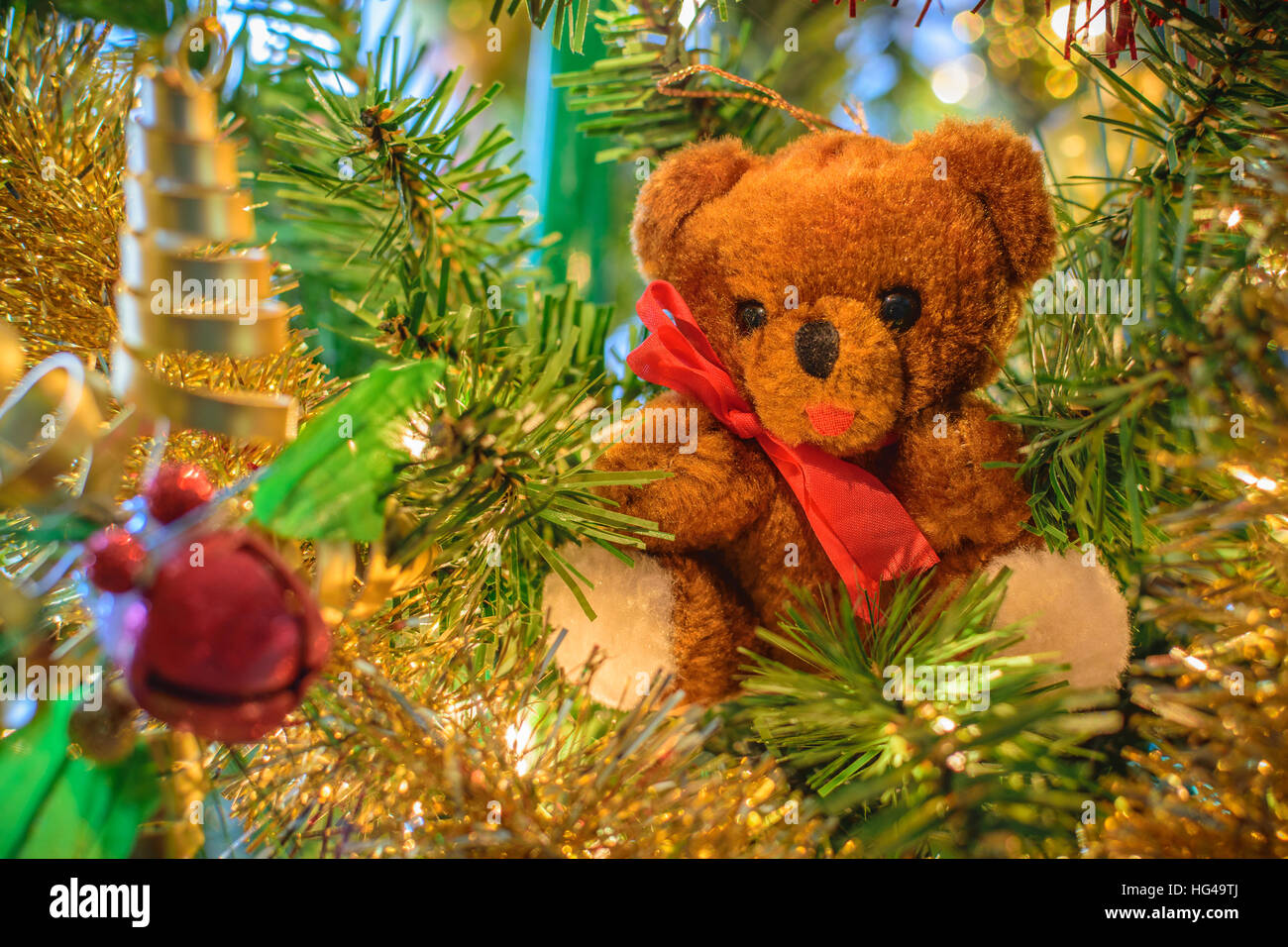 Orsacchiotto di peluche ornamento in un albero di Natale con una profondità di campo ridotta. Foto Stock