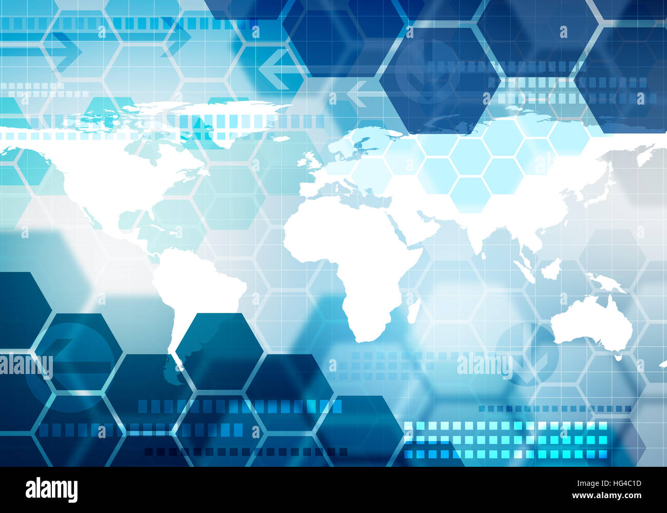 Digital concettuale immagine gradiented esagono striped business technology sfondo con freccia e blured mappa del mondo per il marchio aziendale, presentazione Foto Stock