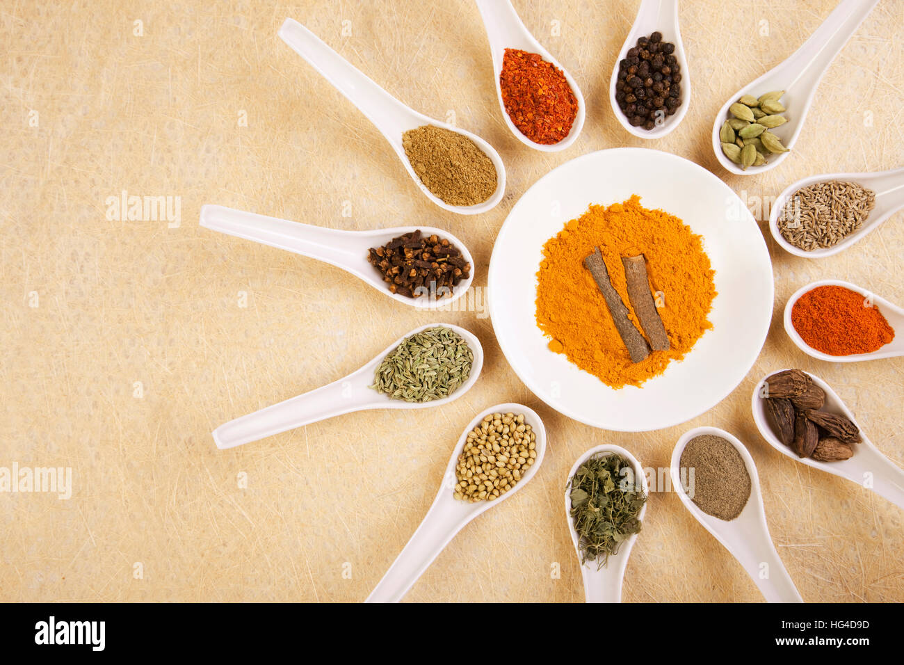 Un assortimento di spezie su cucchiai disposti attorno al piatto di curcuma e cannella Foto Stock