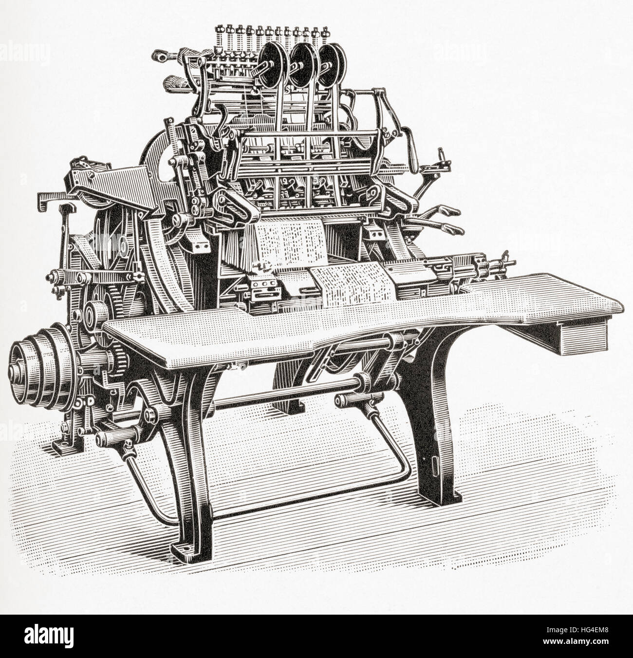 Un xix secolo macchina utilizzata per la filettatura di insieme le pagine di libri. Da Meyers lessico, pubblicato 1924. Foto Stock