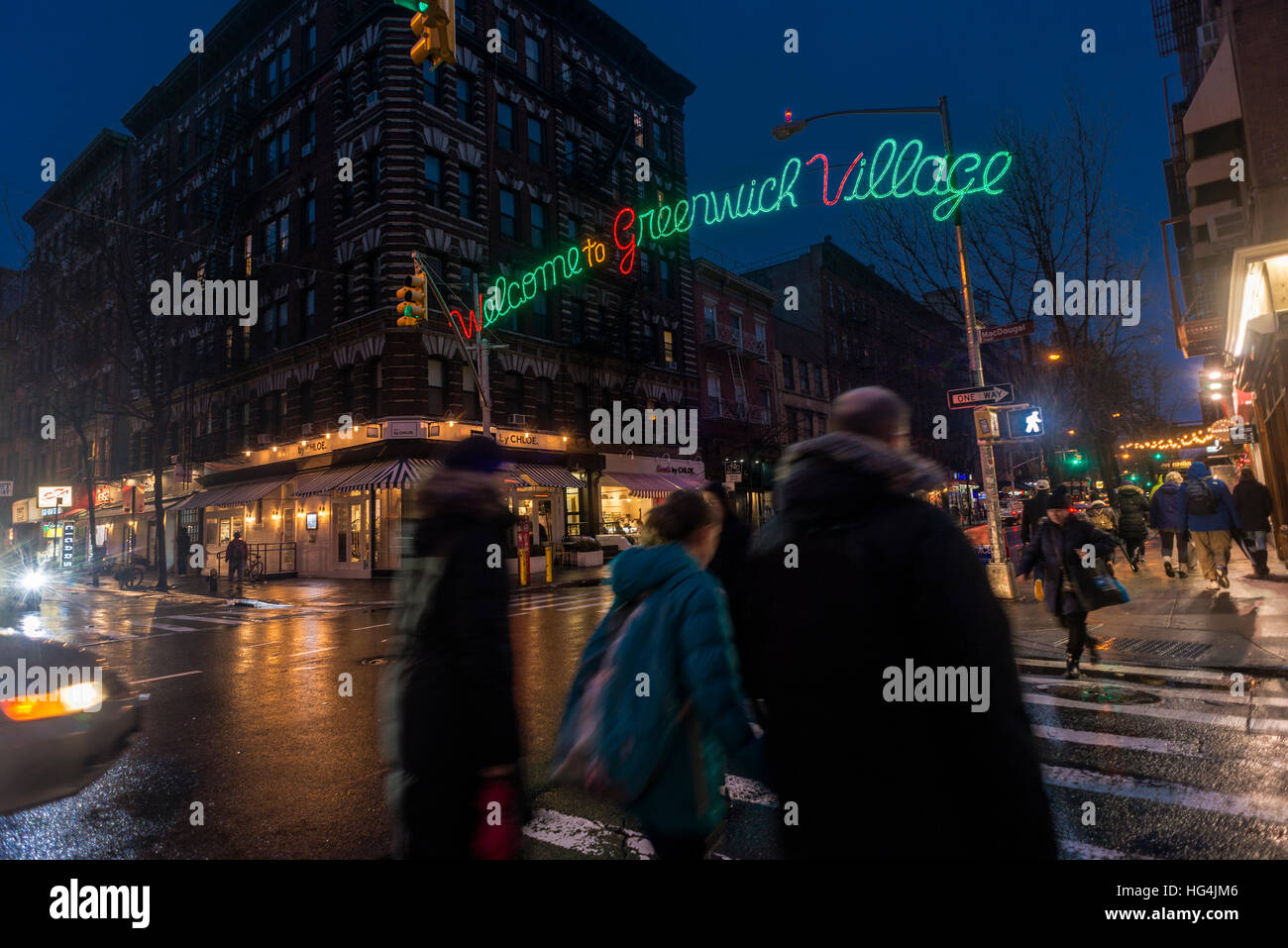 Un benvenuto di nuovo al Greenwich Village firmare con l'efficienza energetica dei LED Foto Stock