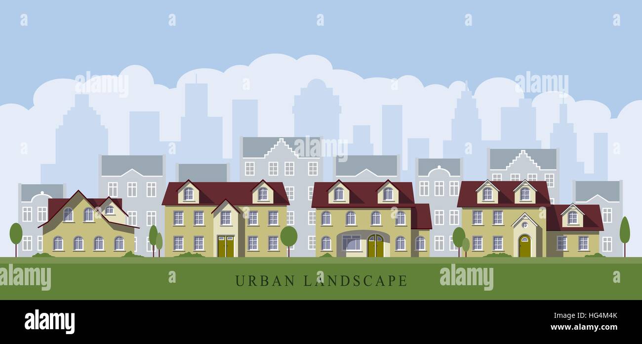 Paesaggio urbano con i vecchi mansions Illustrazione Vettoriale