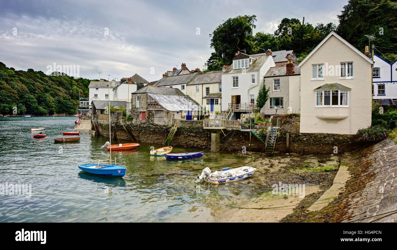 Un paesaggio orizzontale di case residenziali e cottage vicino al traghetto per auto sul Fowey estuario. Barche ormeggiate vicino. Foto Stock