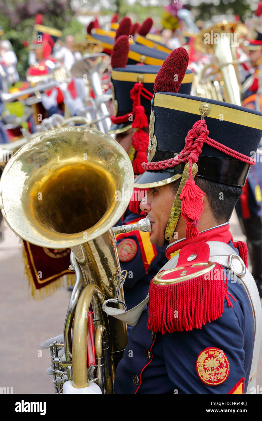 Militare banda di ottone al giorno della tradizione, San Antonio de Areco, La Pampa, Argentina Foto Stock