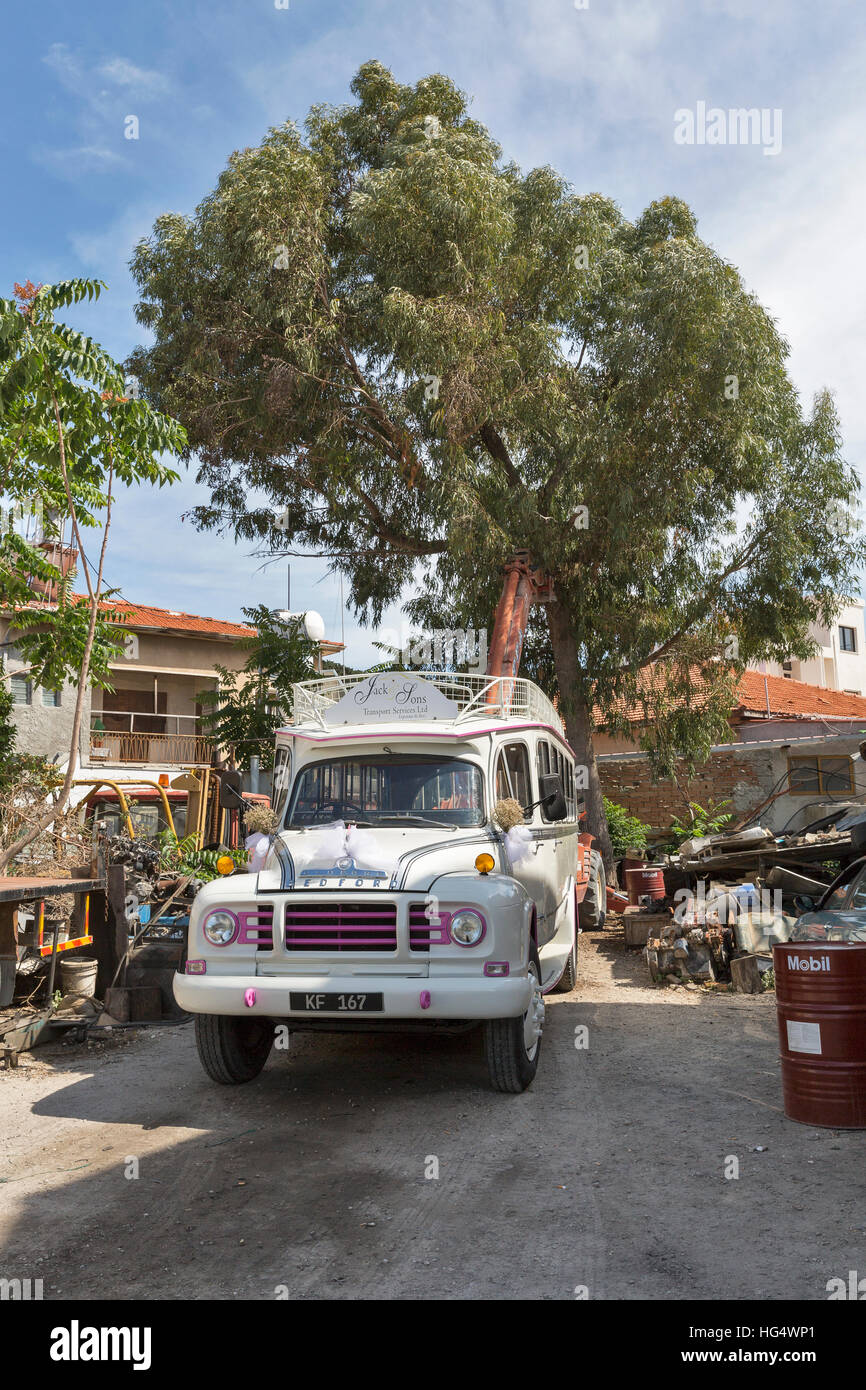 Speciale nozze tradizionale bus bianco Bedford in Paphos downtown. Bedford veicoli è stato istituito nel 1930. Foto Stock