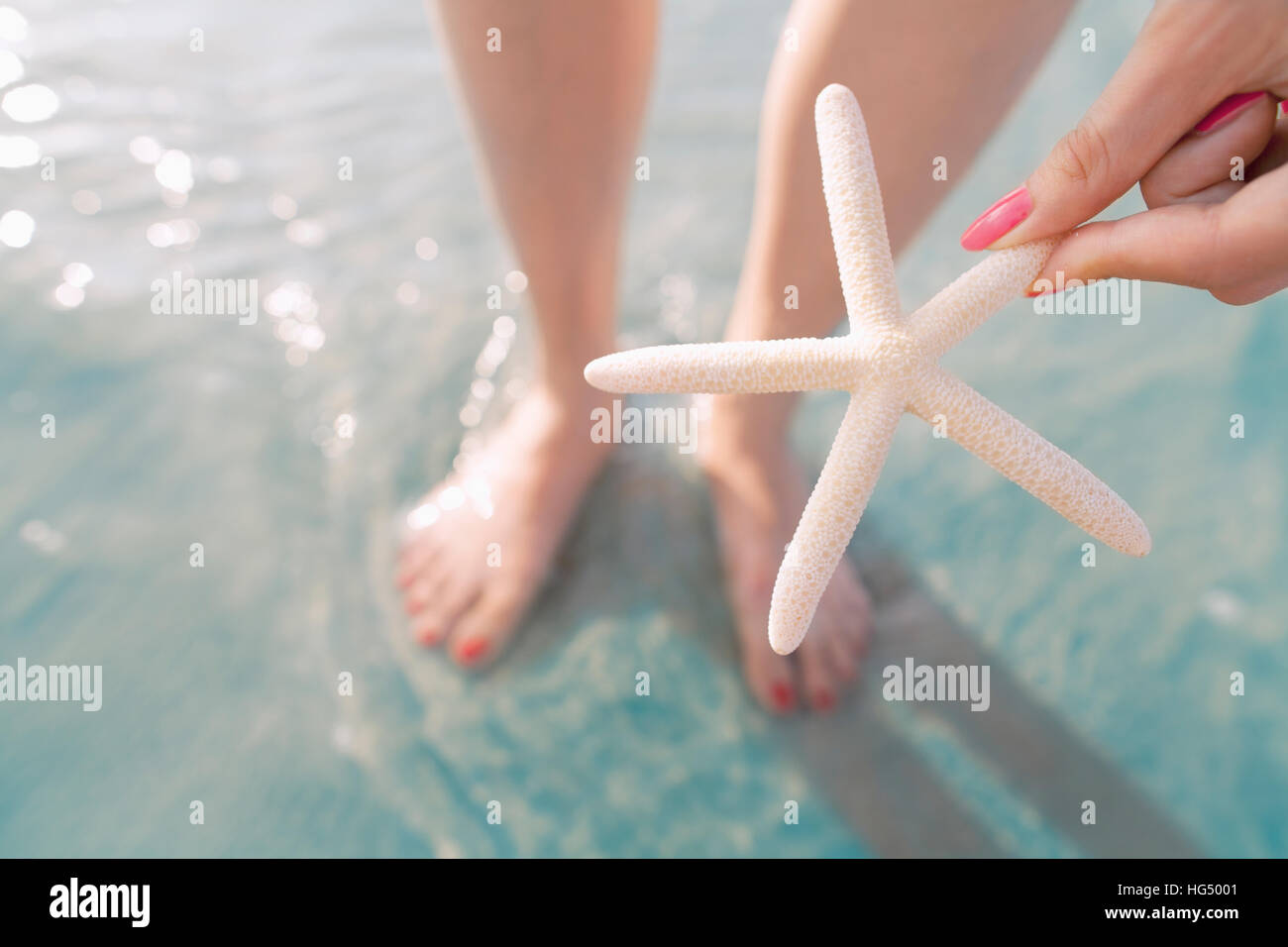 Donna che mantiene starfish in spiaggia Foto Stock