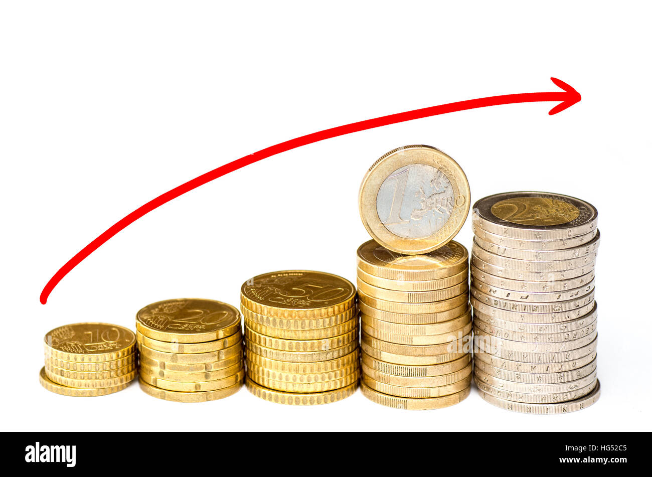 Diagramma di pile di monete d'oro isolati su sfondo bianco Foto Stock