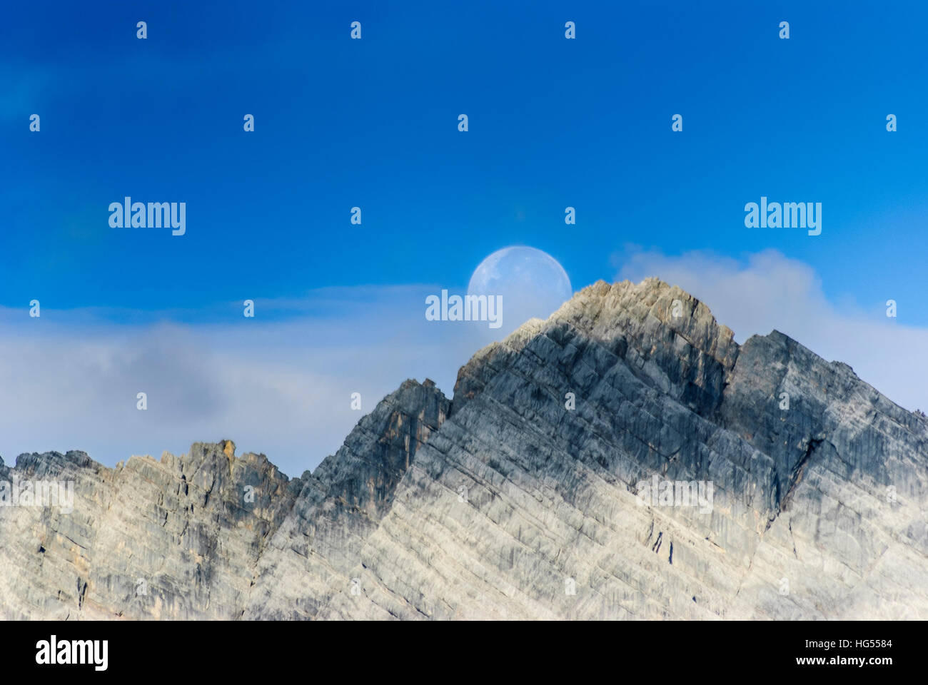 Nationalpark Berchtesgaden: monte Watzmann, luna piena, Oberbayern, Alta Baviera, Baviera, Baviera, Germania Foto Stock