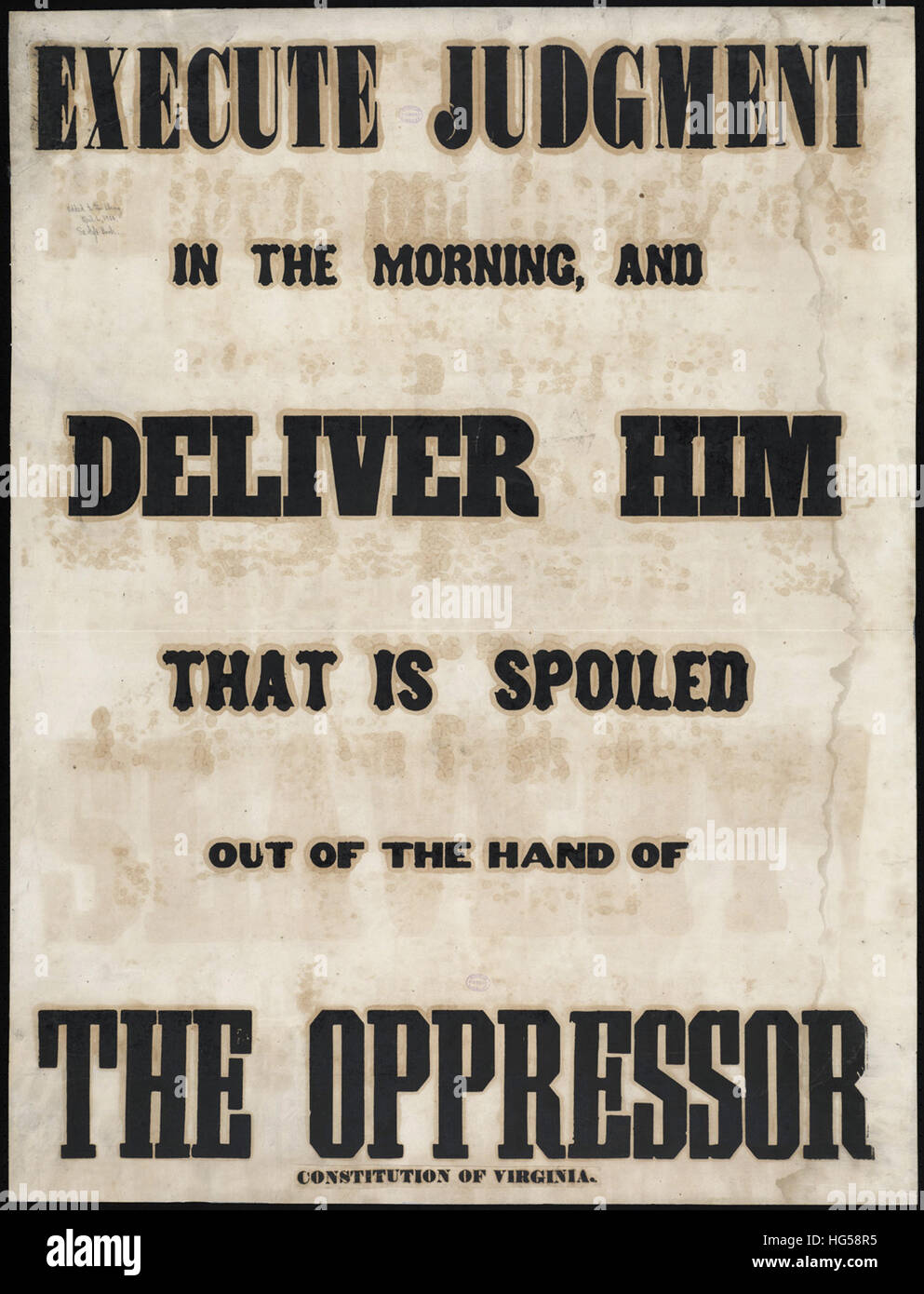 Anti-Slavery locandine - Circa 1850 - Eseguire la sentenza in mattinata e consegnare a lui che è rovinato dalla mano dell'oppressore Foto Stock