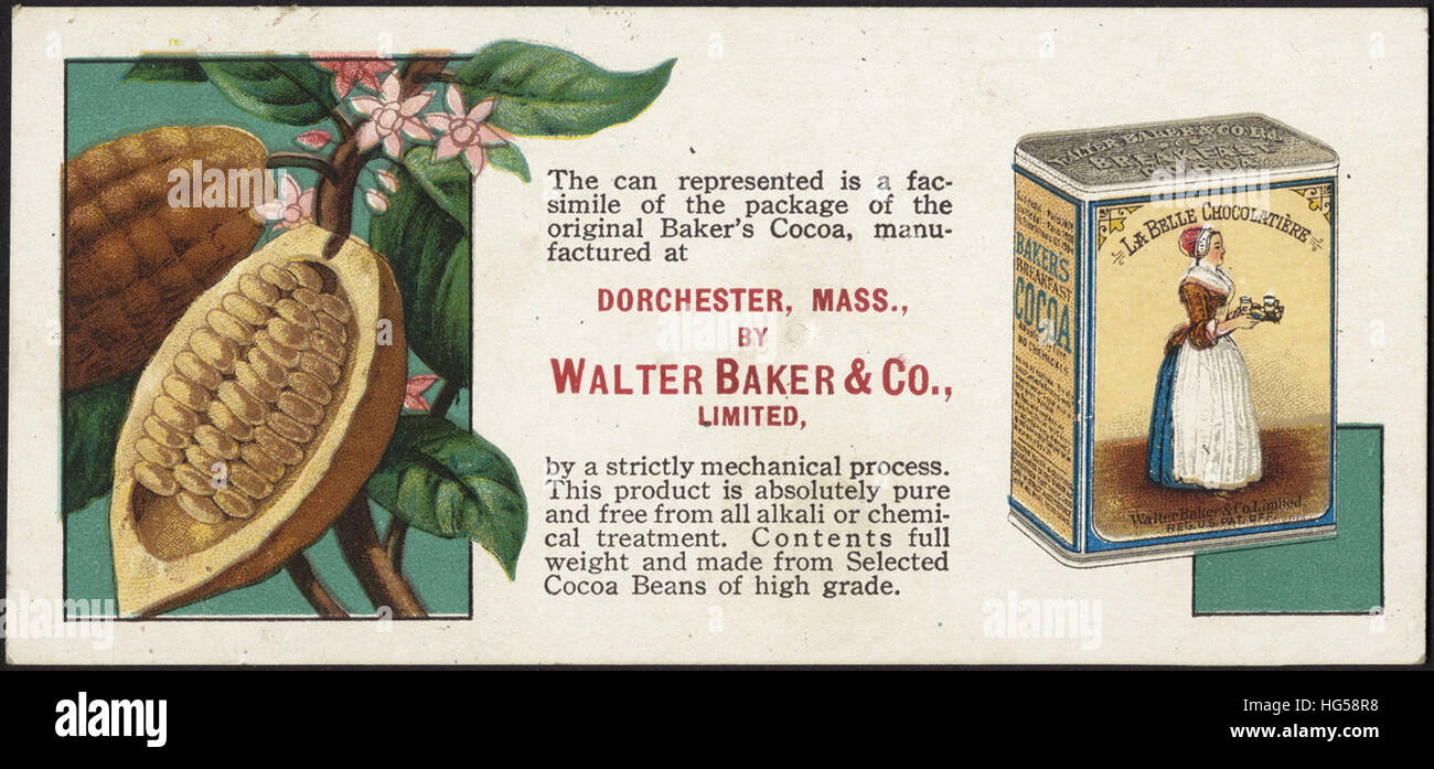 Il commercio di bevande carte - questo può essere rappresentato è un facsimile della confezione originale del panettiere di cacao, fabbricato a Dorchester, messa. Da Walter Baker & Co, limitata. Foto Stock