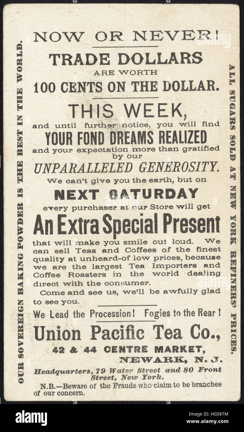 Il commercio di bevande carte - Union Pacific Tea Co  direttamente dietro l'angolo sir! [Back] Foto Stock