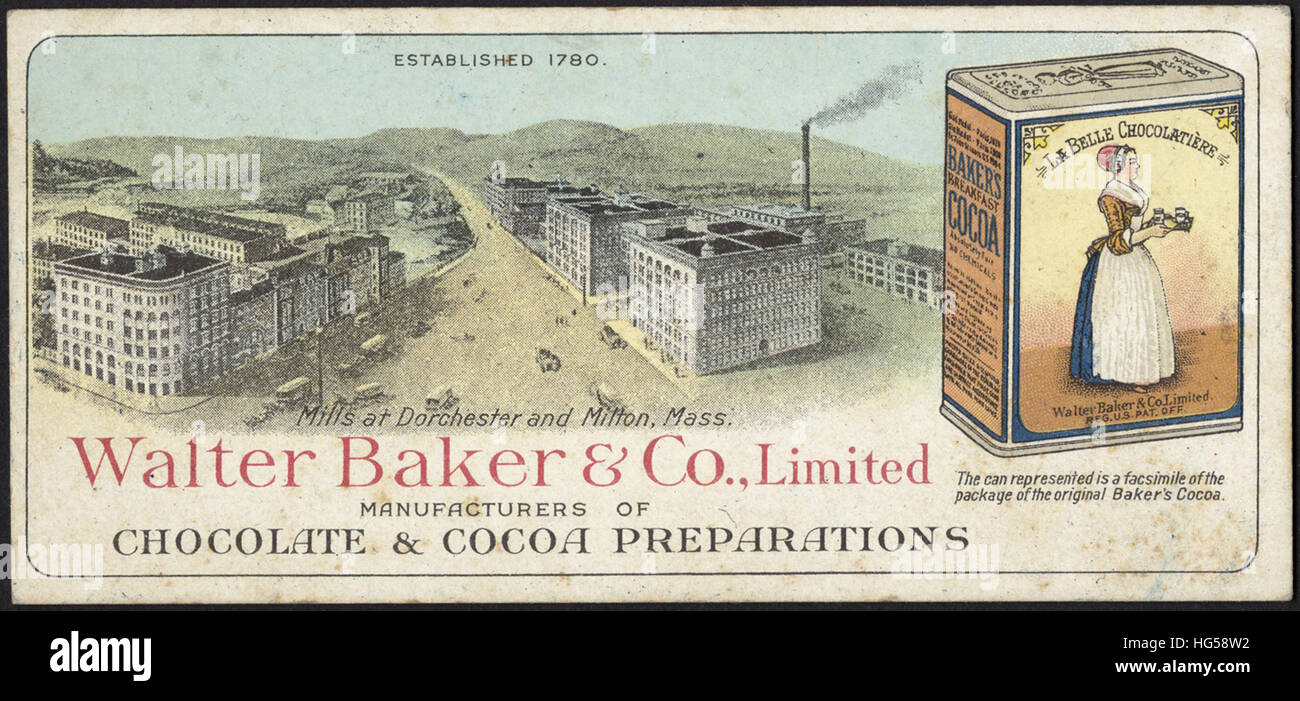 Il commercio di bevande carte - Walter Baker & Co., limitata. I produttori di cioccolato e cacao preparazioni. Foto Stock