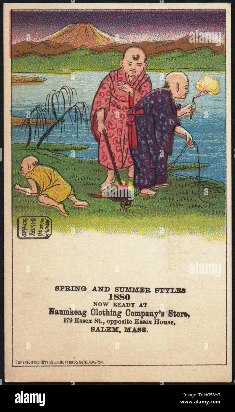 Abbigliamento Schede Commerciali - primavera ed estate stili 1880, ora pronto a Naumkeag Clothing Company Store, 179 Essex San, opposta Essex House, Salem, messa. Foto Stock