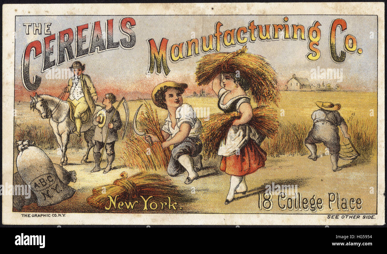 La cottura scheda commerciale - i cereali Manufacturing Co. New York. 18 College posto. Foto Stock