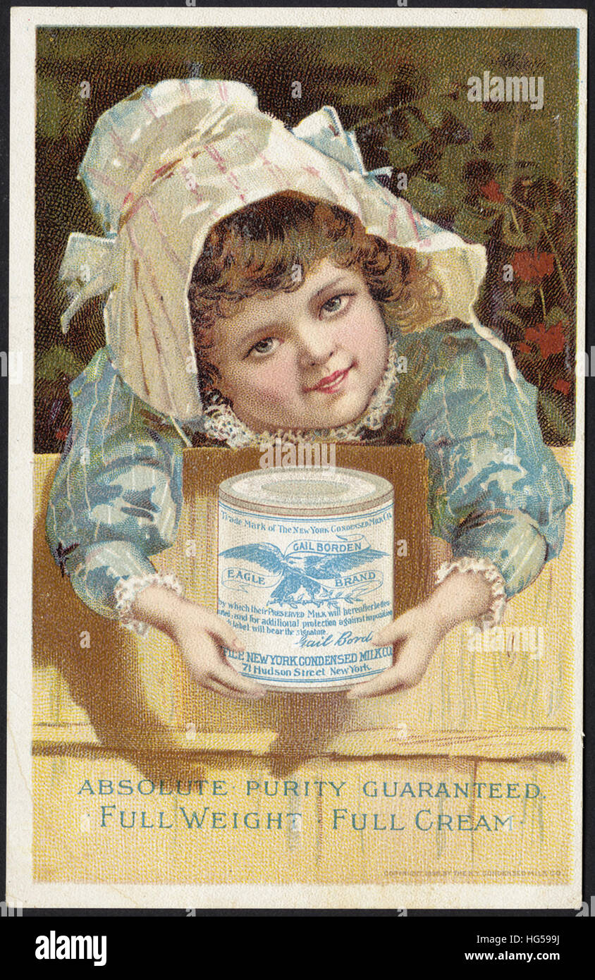 Il commercio di bevande carte - Gail Borden Eagle marca di latte condensato, assoluta purezza garantita, peso a pieno, pieno di color crema. Foto Stock