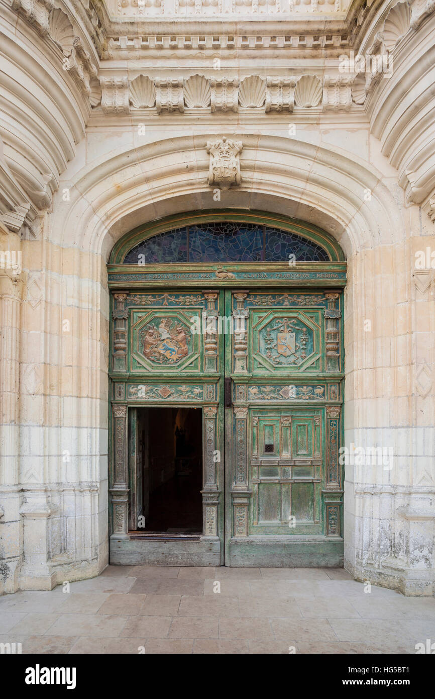 Il splendidamente decorate porta di ingresso al castello di Chenonceau, Indre et Loire, Valle della Loira, Francia Foto Stock