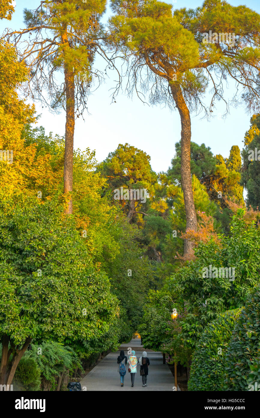 Tre donne iraniane a piedi attraverso il Bagh-e Eram (Giardino del Paradiso), Shiraz, Iran, Medio Oriente Foto Stock
