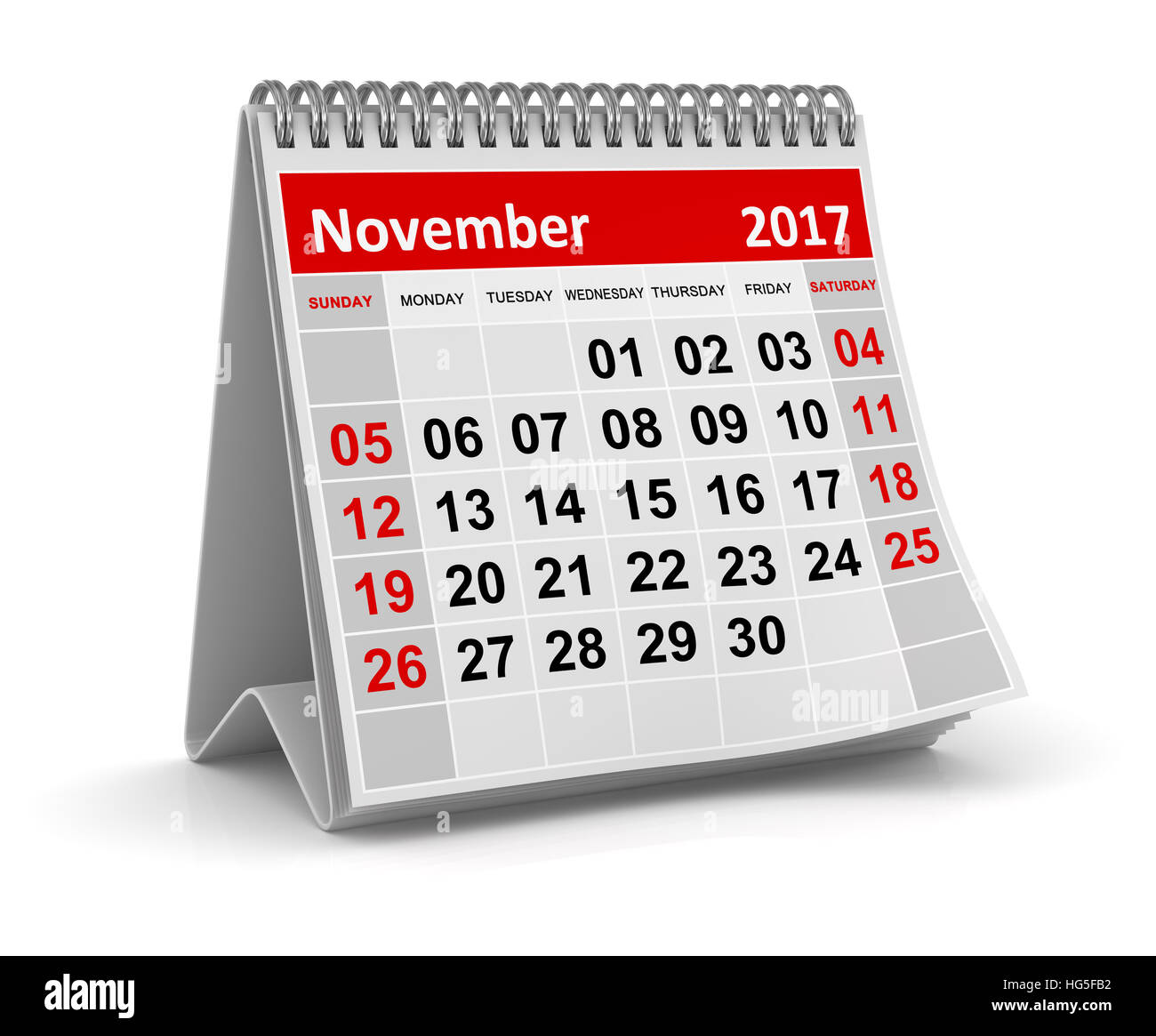 Calendario - Novembre 2017 , questo è un rendering 3d generate computer immagine. Isolato su bianco. Foto Stock