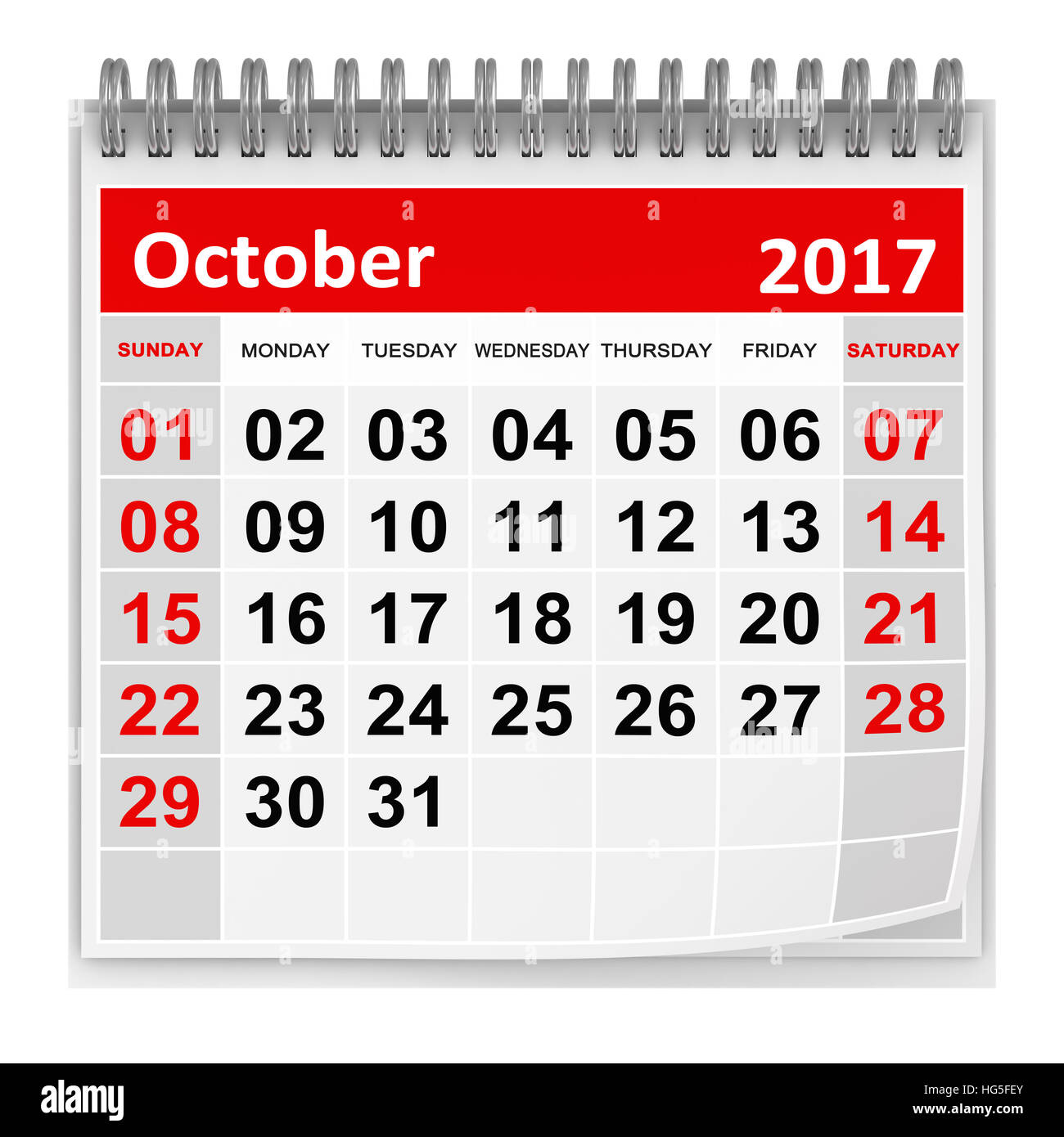 Calendario - Ottobre 2017 , questo è un rendering 3d generate computer immagine. Isolato su bianco. Foto Stock