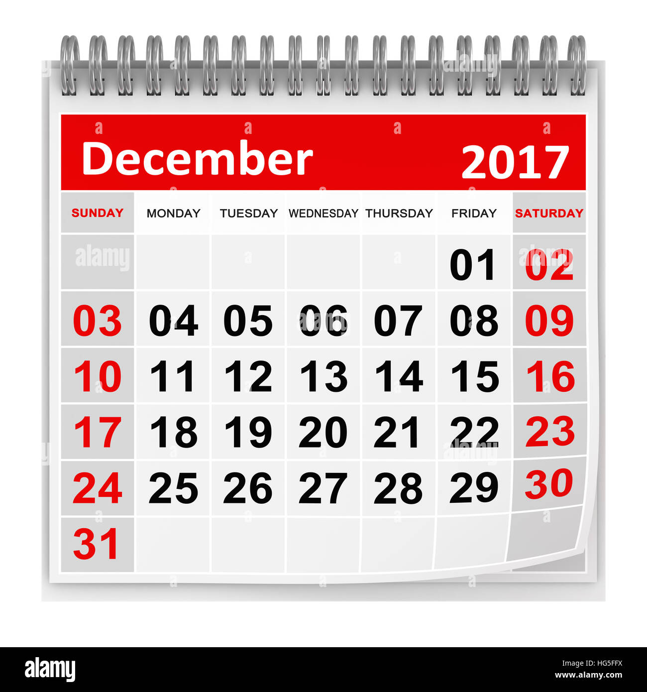 Calendario - Dicembre 2017 , questo è un rendering 3d generate computer immagine. Isolato su bianco. Foto Stock