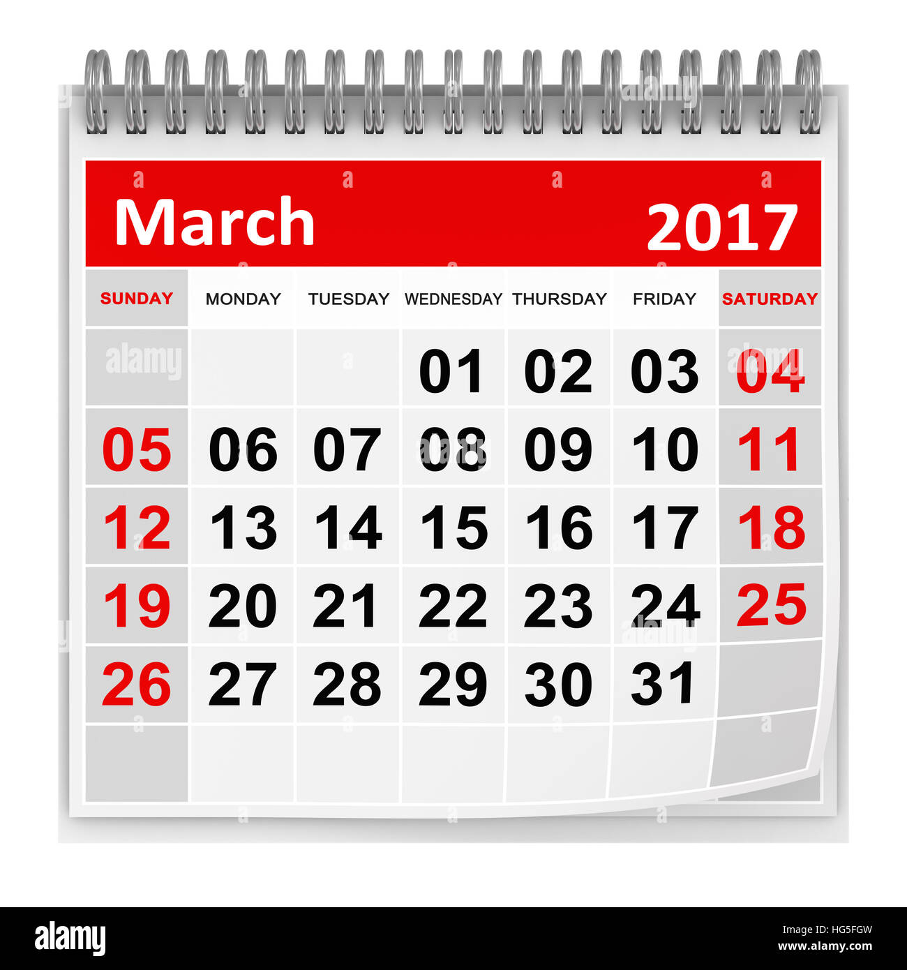 Calendario - Marzo 2017 , questo è un rendering 3d generate computer immagine. Isolato su bianco. Foto Stock