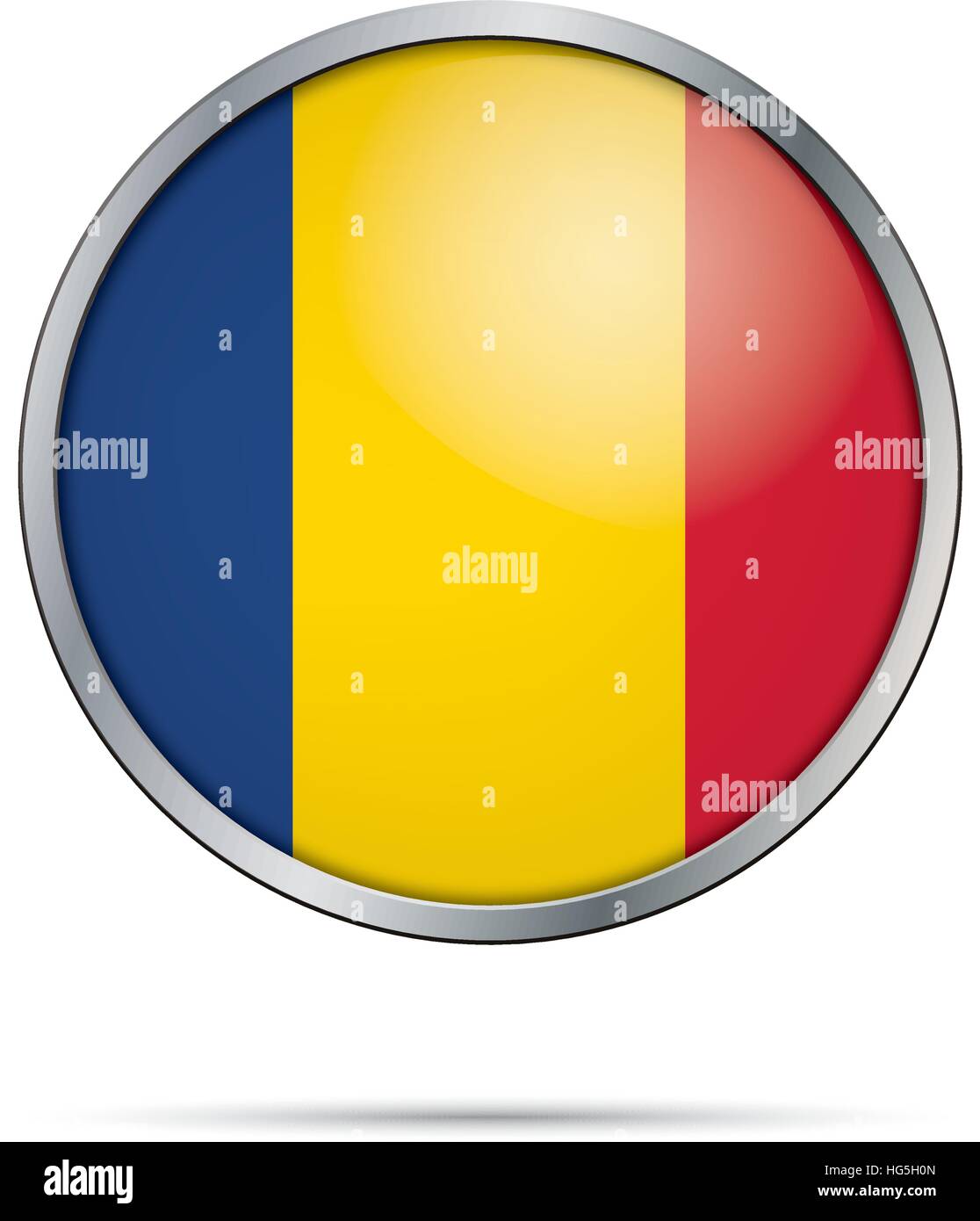 Bandiera della Romania in vetro di stile del pulsante con telaio di metallo. Illustrazione Vettoriale