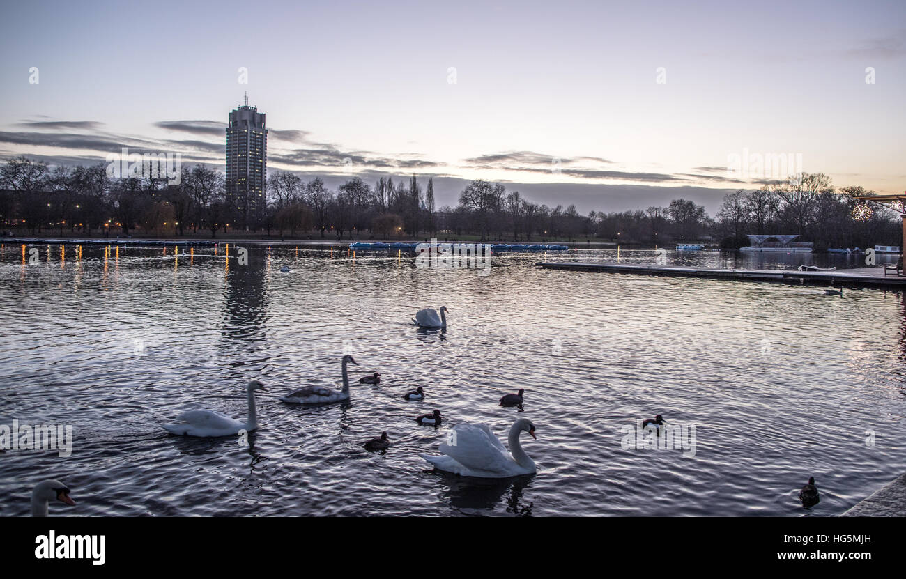 Il lago a serpentina hyde park di notte LONDON REGNO UNITO Foto Stock