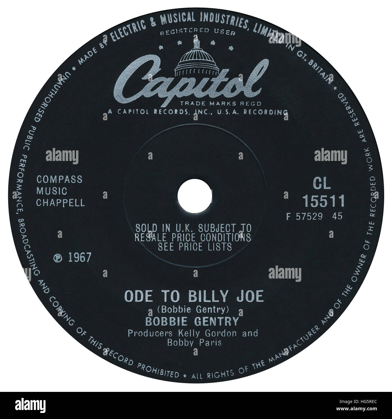45 RPM 7' UK etichetta discografica di Ode a Billy Joe da Bobbie Gentry sul Campidoglio etichetta dal 1967 Foto Stock