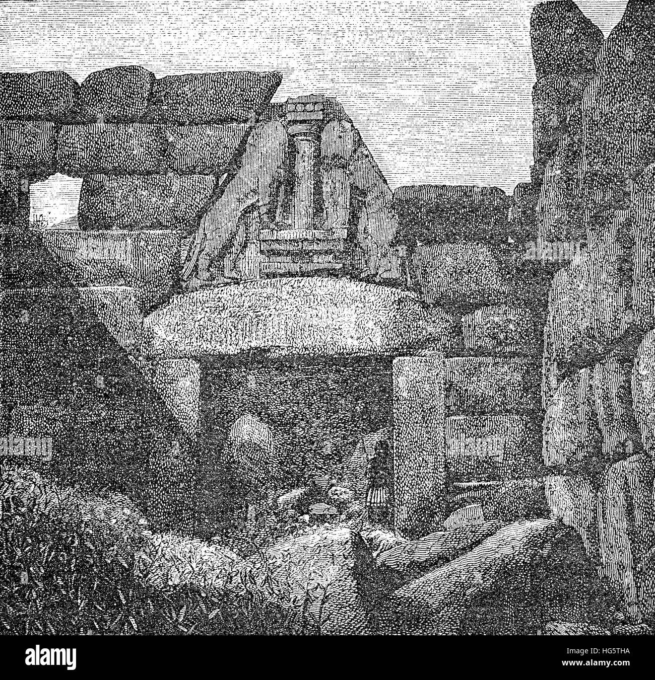 Il greco Micene cittadella ingresso principale noto come Porta del Leone, costruito nel XIII secolo A.C. ( età del Bronzo), incisione vintage Foto Stock