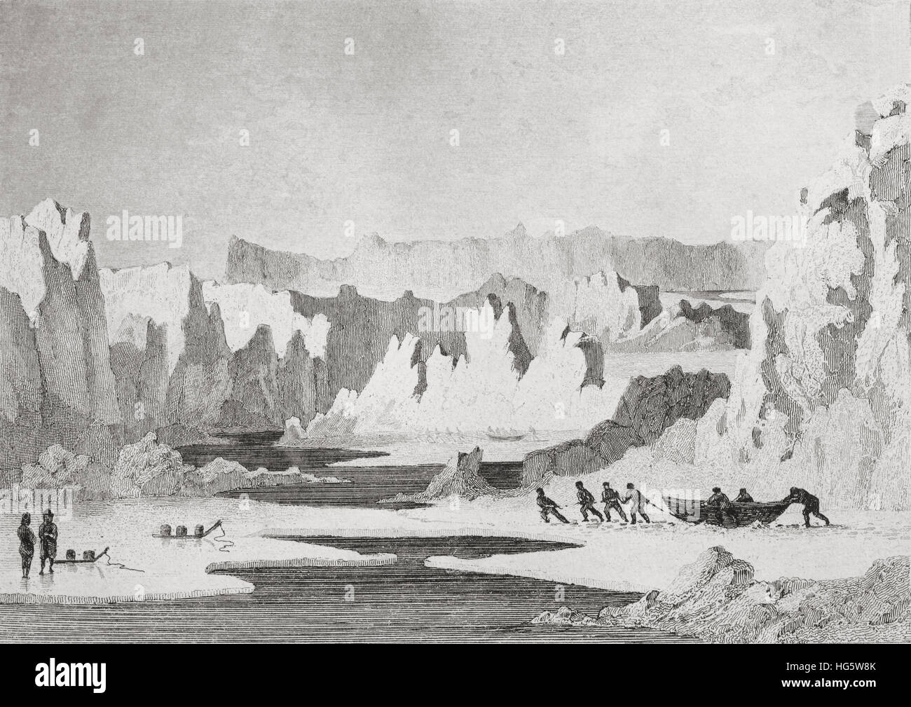 Metodo per viaggiare attraverso le cime ghiacciate, iceberg. regioni polari. Xix secolo incisione in acciaio da gaucherel e lemaitre ha. Foto Stock