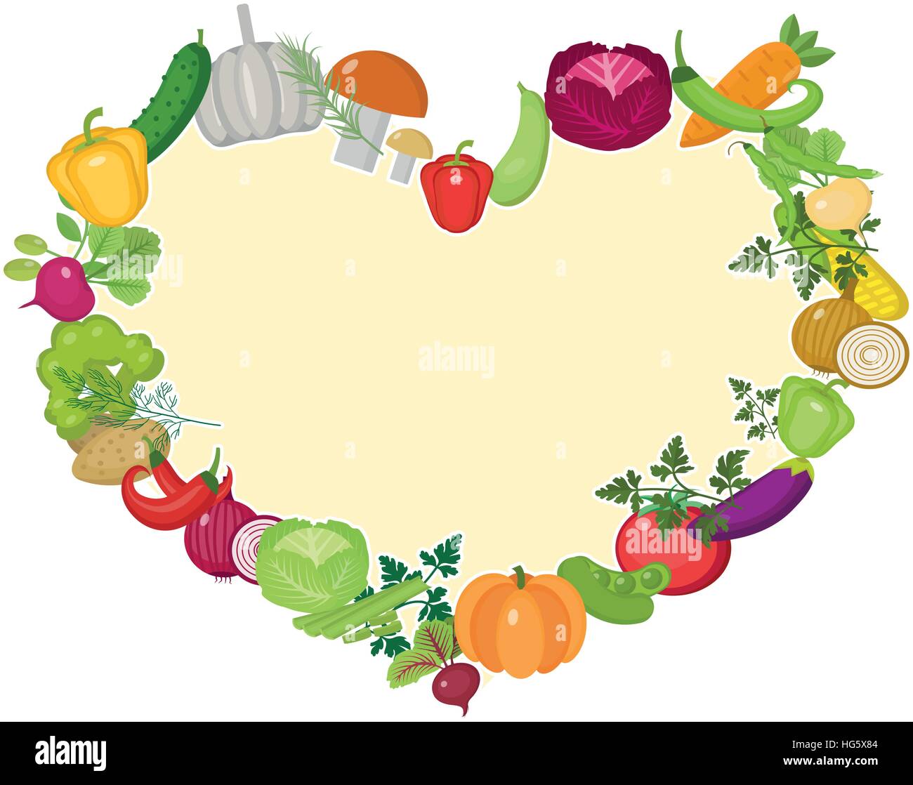 Verdure telaio a forma di cuore. In stile appartamento. Isolato su sfondo bianco. Uno stile di vita sano, vegan, dieta vegetariana, cibo crudo. Illustrazione Vettoriale. Illustrazione Vettoriale