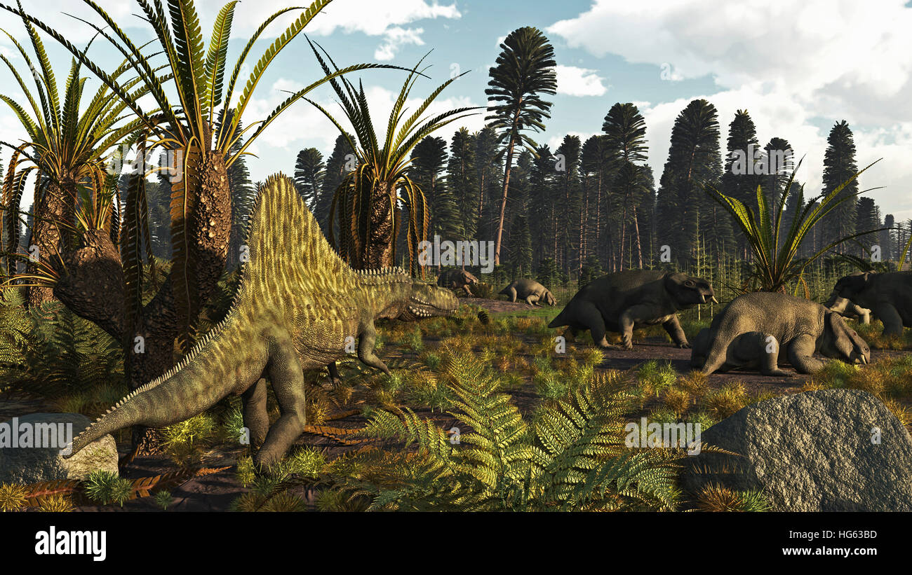Una scena Triassico con il sailback Arizonasaurus e alcuni dicynodonts. Foto Stock